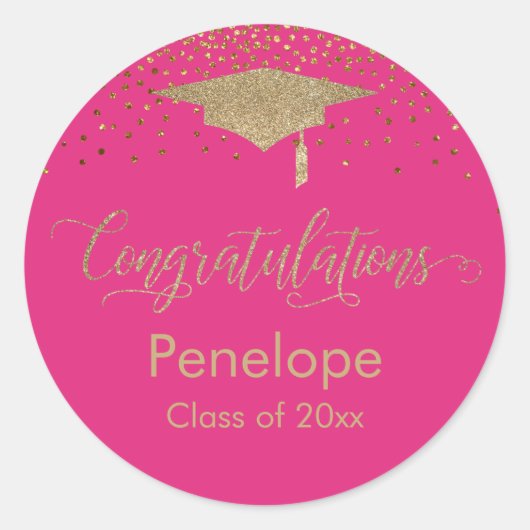 Gefeliciteerd Gold Confetti Afstuderen Hot Pink Ronde Sticker (Voorkant)