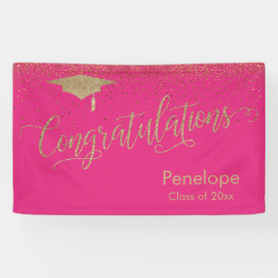 Gefeliciteerd Gold Confetti Afstuderen Hot Pink Spandoek