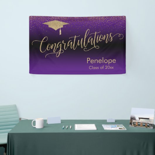 Gefeliciteerd Gold Confetti Afstuderen Paars Spandoek (Beurs)