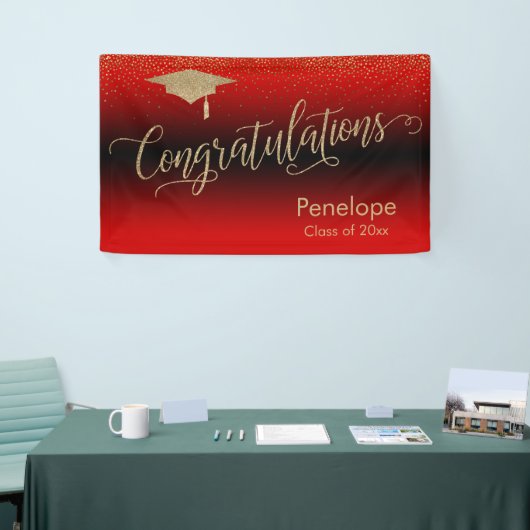 Gefeliciteerd Gold Confetti Afstuderen Red Spandoek (Beurs)