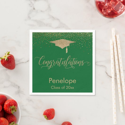 Gefeliciteerd Gold Confetti Graduation Cap Groen Servet (Insitu)