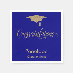 Gefeliciteerd Gold Glitter Graduation Cap, Blauw Servet