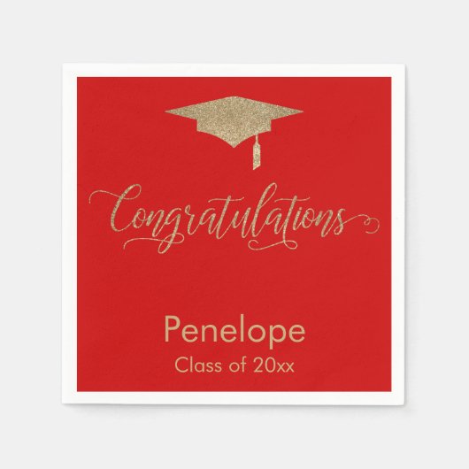 Gefeliciteerd Gold Glitter Graduation Cap, rood Servet (Voorkant)