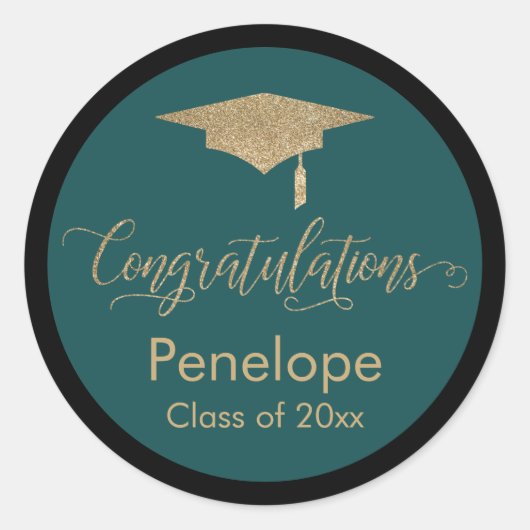 Gefeliciteerd Gold Graduation Cap Blauwgroen Ronde Sticker (Voorkant)
