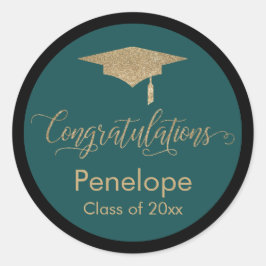 Gefeliciteerd Gold Graduation Cap Blauwgroen Ronde Sticker