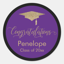 Gefeliciteerd Gold Graduation Cap Paarse Ronde Sticker