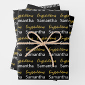 Gefeliciteerd Gold Script Zwart en Wit Naam Inpakpapier Vel (In situ)