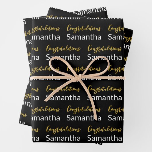 Gefeliciteerd Gold Script Zwart en Wit Naam Inpakpapier Vel (In situ)