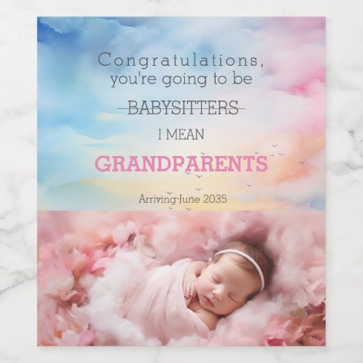 Gefeliciteerd, je wordt grootouders, babymeisje wijn etiket (Enkel label)