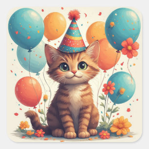 Gefeliciteerd Kitten Met Feestballonnen En Plezier Vierkante Sticker