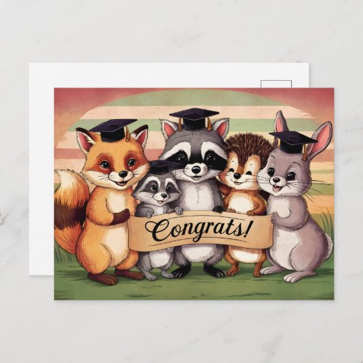 Gefeliciteerd met afstuderen schattige dieren briefkaart (Voorkant / Achterkant)