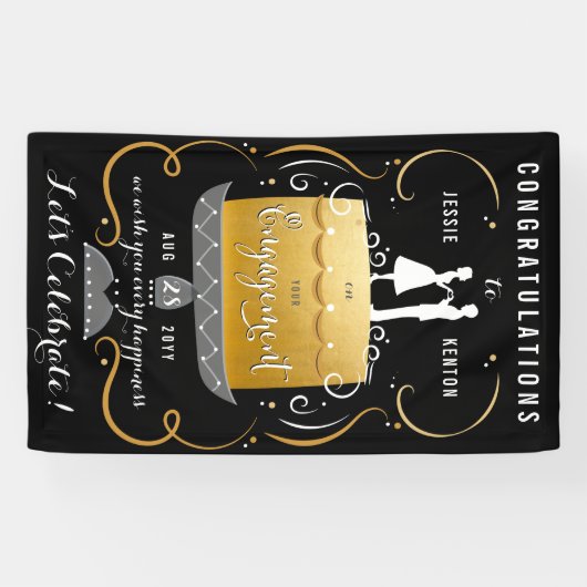 Gefeliciteerd met Black & Gold Engagement Party Spandoek (Horizontaal)