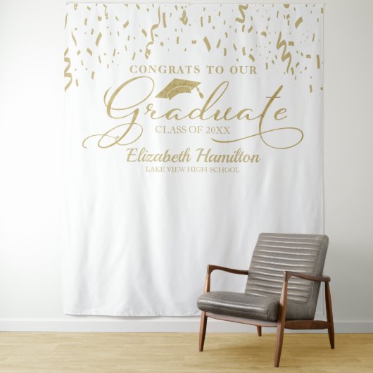 Gefeliciteerd Met De Afgestudeerde Gouden En Witte Wandkleed (In situ)