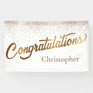 Gefeliciteerd met gouden confetti op wit spandoek