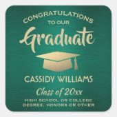 Gefeliciteerd met het groene en gouden Afstuderen Vierkante Sticker (Voorkant)