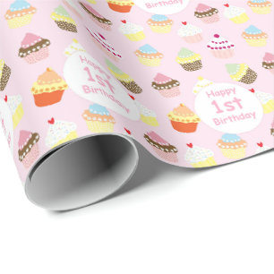 Gefeliciteerd met je 1e verjaardag Roze Cupcake Cadeaupapier