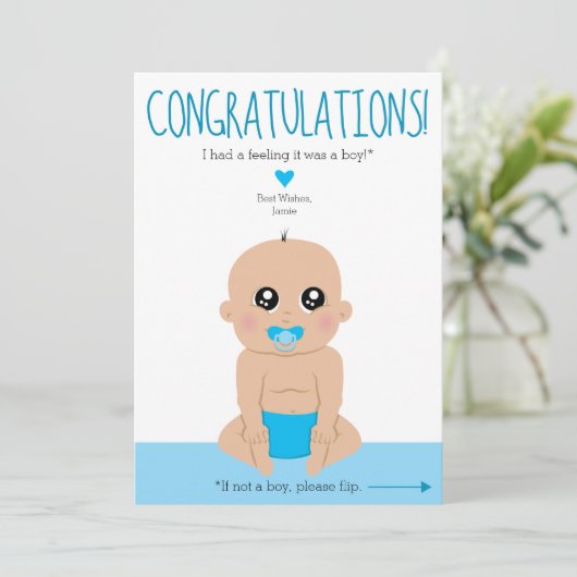 Gefeliciteerd met je 2-zijdige, grappige genderkaa aankondiging (Staand voorkant)