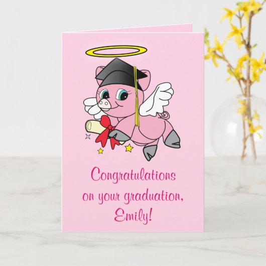 Gefeliciteerd met je Afstuderen Pig Angel Kaart (Gele Bloem)