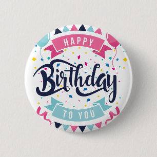 Gefeliciteerd met je verjaardag, confetti en bunti ronde button 5,7 cm