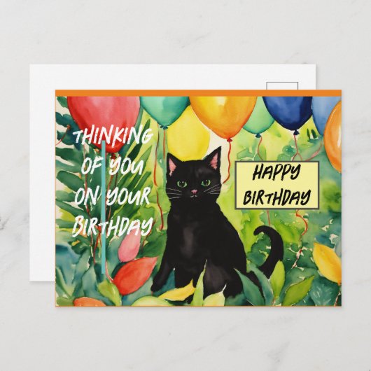 Gefeliciteerd met je verjaardag :zwarte kat opent uitnodiging briefkaart (Voorkant / Achterkant)