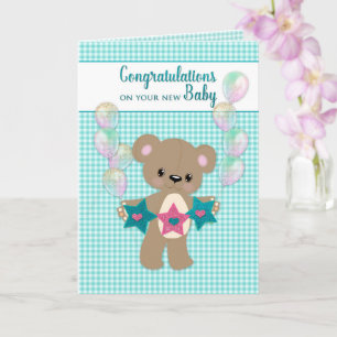 Gefeliciteerd met New Baby Neutral Teddy Bear Kaart