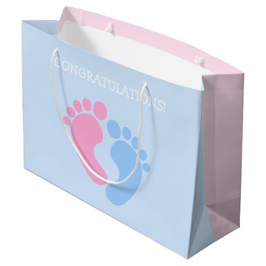 Gefeliciteerd met paardenroze en blauwe baby groot cadeauzakje (Achterkant Gekanteld)