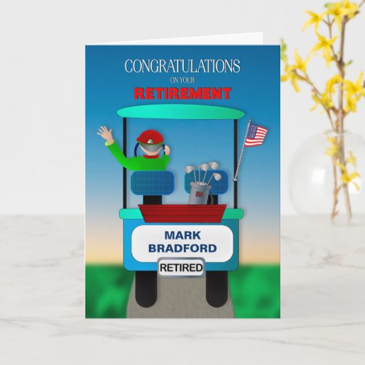 Gefeliciteerd met pensioen Golfer rijdend karretje Kaart (Gele Bloem)