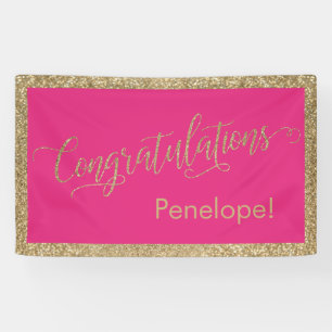 Gefeliciteerd met Typografie Gold Glitter Hot Pink Spandoek