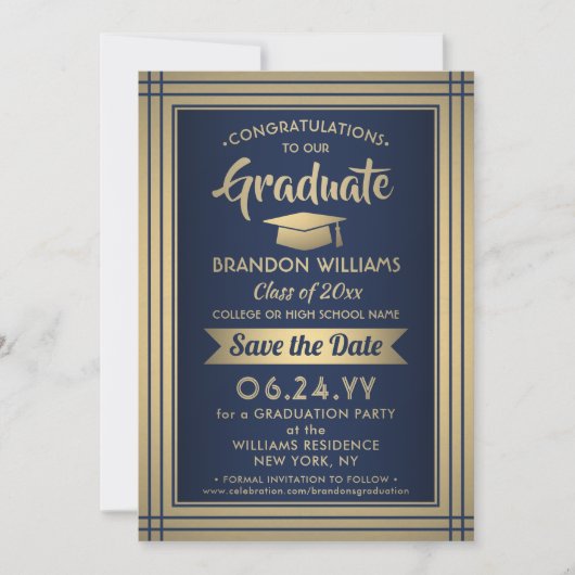 Gefeliciteerd Navy en Gold Stripes Afstuderen Save The Date (Voorkant)