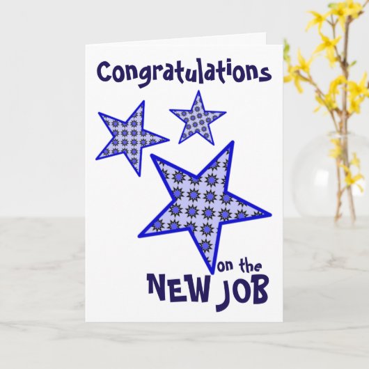 Gefeliciteerd nieuwe baan blauwe ster grafiek kaart (Gele Bloem)