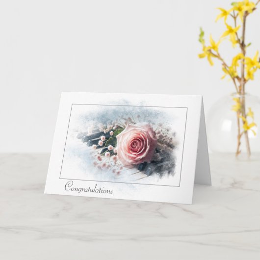 Gefeliciteerd Pink Rose op  piano Kaart (Gele Bloem)