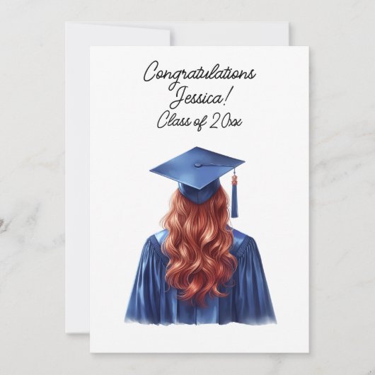 Gefeliciteerd Redhead Vrouw Afstuderen in Blauw Kaart (Voorkant)