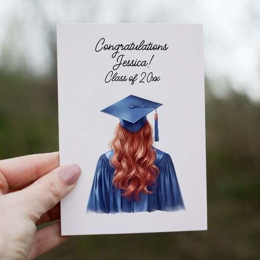 Gefeliciteerd Redhead Vrouw Afstuderen in Blauw Kaart