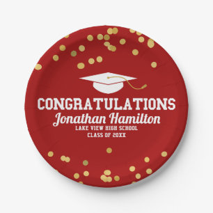 Gefeliciteerd Rood Gouden Confetti Grad Feest Papieren Bordje