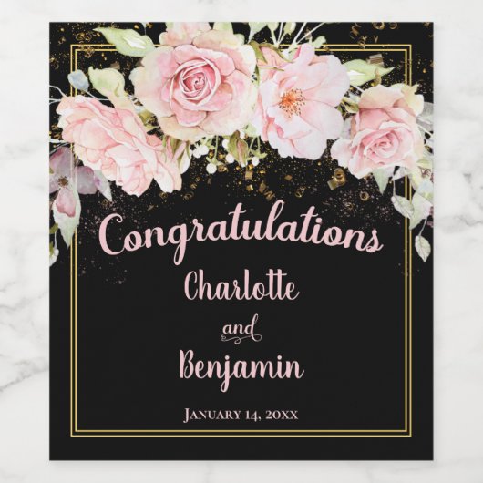 Gefeliciteerd Roze Black + Gold Waterverf Rozen Wijn Etiket (Enkel label)