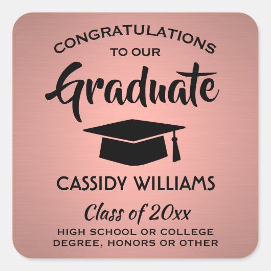Gefeliciteerd Roze Rose Gold en zwart Afstuderen Vierkante Sticker (Voorkant)