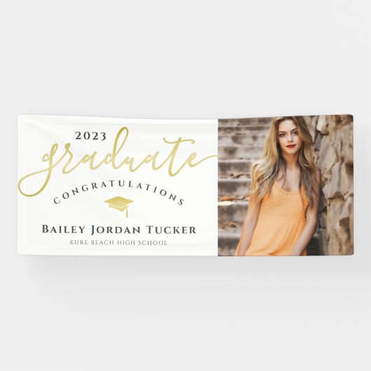 Gefeliciteerd Script Black Gold Photo Afstuderen Spandoek (Horizontaal)