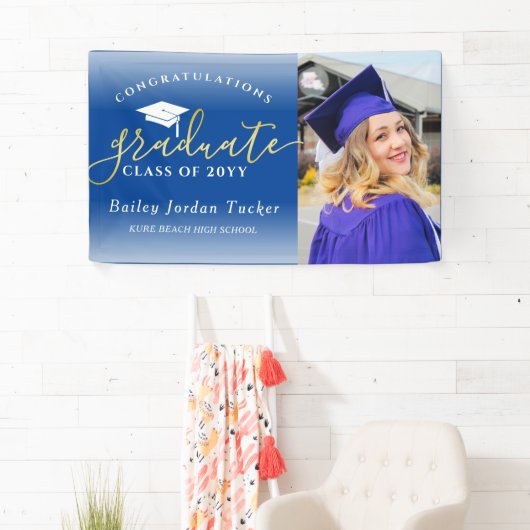 Gefeliciteerd Script Blue Gold Photo Afstuderen Spandoek (Insitu)
