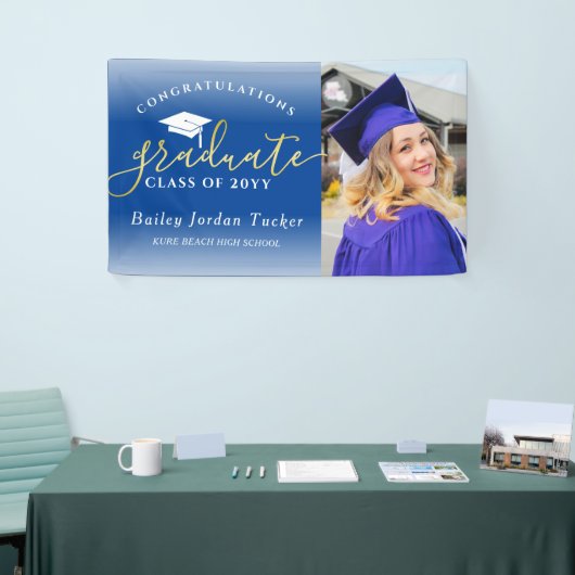 Gefeliciteerd Script Blue Gold Photo Afstuderen Spandoek (Beurs)