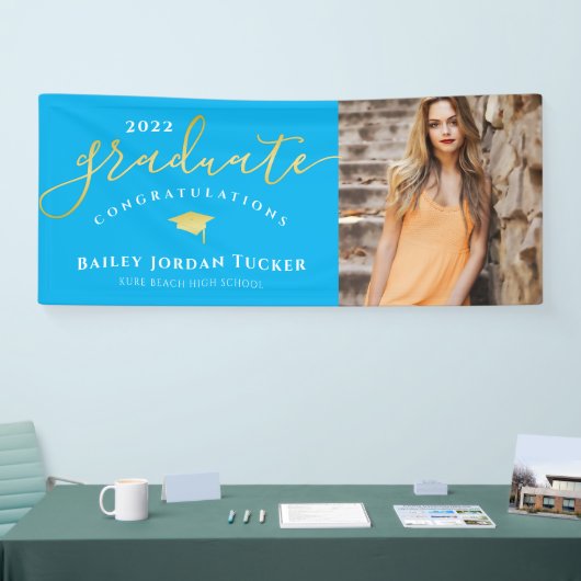 Gefeliciteerd Script Blue Gold Photo Afstuderen Spandoek (Beurs)