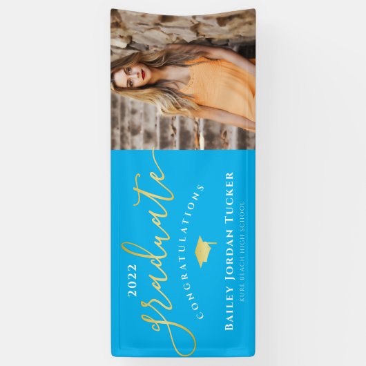 Gefeliciteerd Script Blue Gold Photo Afstuderen Spandoek (Verticaal)