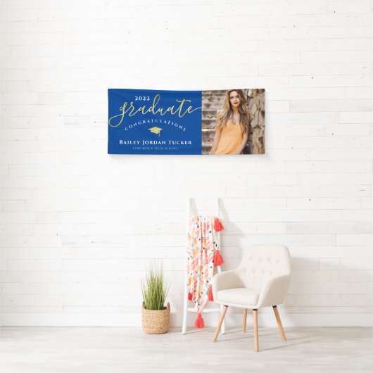 Gefeliciteerd Script Blue Gold Photo Afstuderen Spandoek (Insitu)