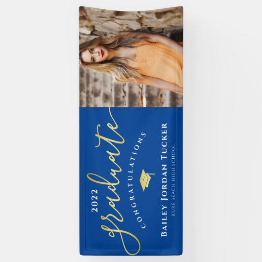 Gefeliciteerd Script Blue Gold Photo Afstuderen Spandoek (Verticaal)