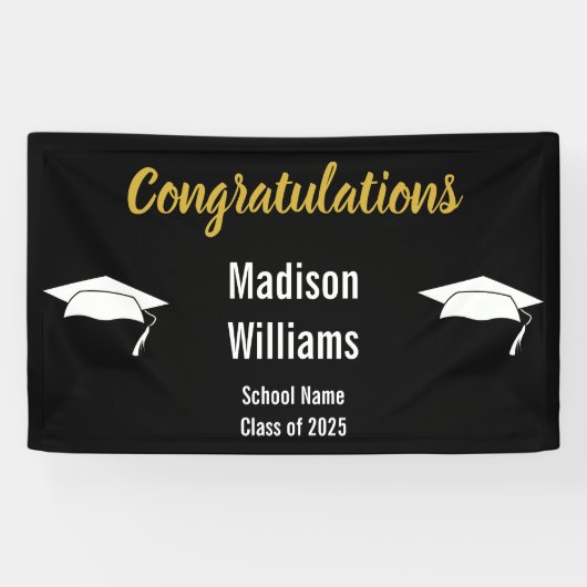 Gefeliciteerd Script Goud Zwart Wit Afstudeerder N Spandoek (Horizontaal)