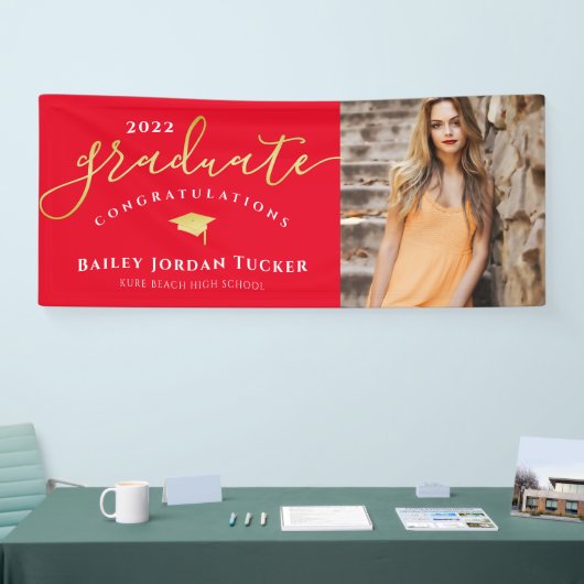 Gefeliciteerd Script Red Gold Photo Afstuderen Spandoek (Beurs)