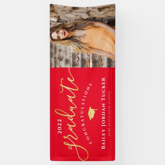 Gefeliciteerd Script Red Gold Photo Afstuderen Spandoek (Verticaal)