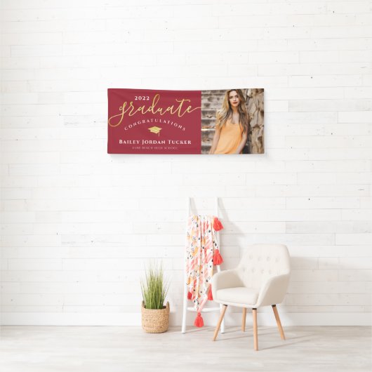 Gefeliciteerd Script Red Gold Photo Afstuderen Spandoek (Insitu)