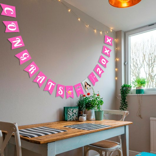 Gefeliciteerd Super Afstudeerder Roze-bewerkbare f Vlaggetjes