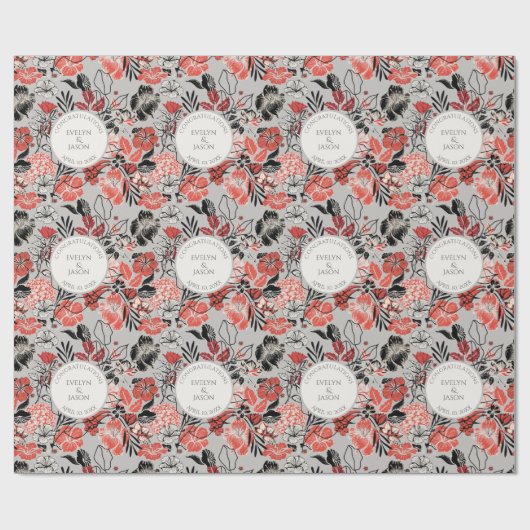 Gefeliciteerd Taupe Floral Pattern Cadeaupapier (Vlak)