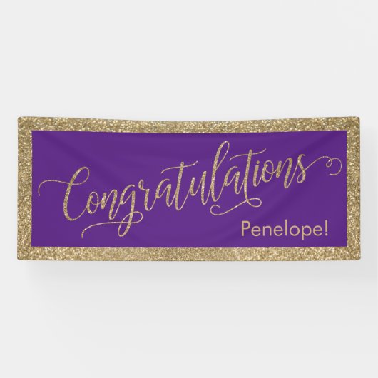 Gefeliciteerd Typografie Gold Glitter en Paarse Spandoek (Horizontaal)